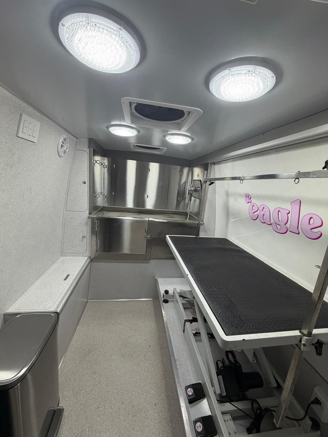 Stainless tub and backsplash across the rear of the van