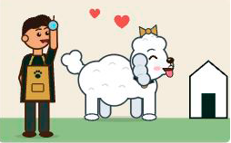 Groomer waving goodbye to a happy poodle with a bow outside its home